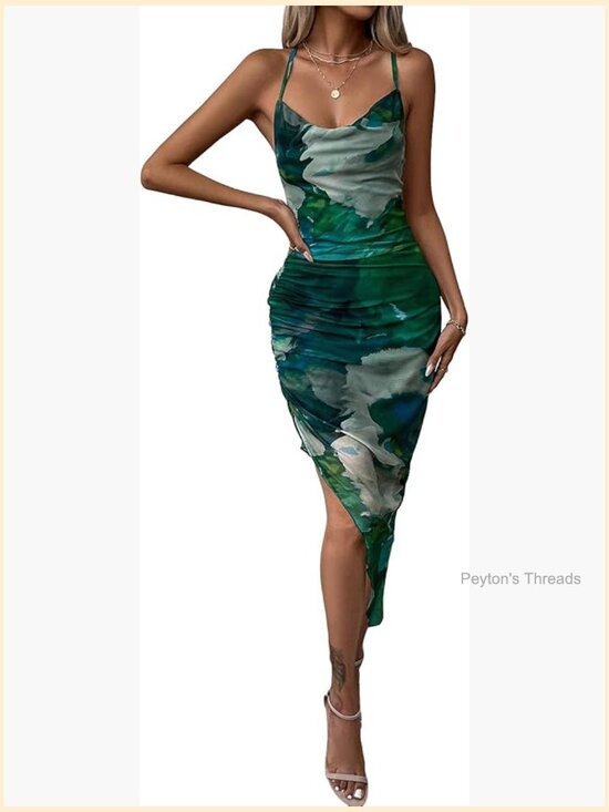 Dresses & Skirts - Mesh Ruched Bodycon Midi Dress Tie Dye Asymmetrical Party Going Out Wedding